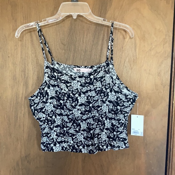So floral print cropped cinch waist tank black white floral L or XL jrs - Picture 3 of 17